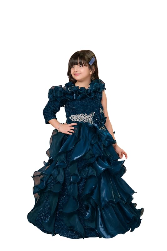 Kids-Girls Organza Woven 3/4th Sleeves Multi Layered Velvet Furr Bodice Embellished Party Gown-Teal