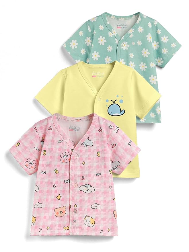 HELLCAT 100% Cotton Front Open Jhabla Vest & T Shirt for Babies - Pack of 3 (Unisex, 0-18 Months, Short Sleeve)