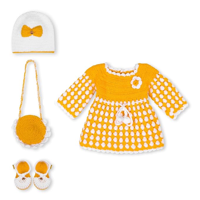Handmade Crochet Knitted Yellow White FrockSweater Set with Cap Shoes & Bag for Baby Girls Wedding New Born Showers Photography 0-24 Months.