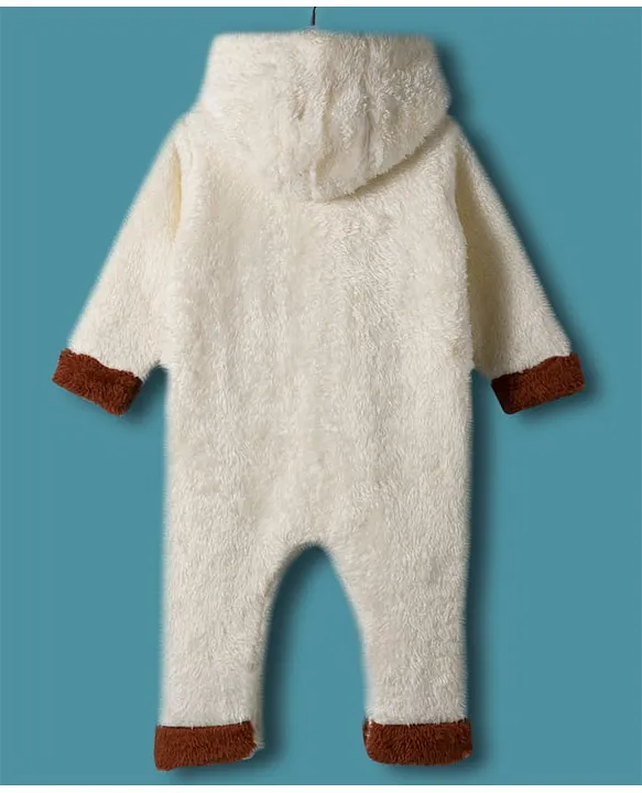 Mark & Mia Knit Full Sleeves Winter Wear Fur Hooded Romper With Pocket & Badge Detailing & Teddy Applique - Off White - Image 2