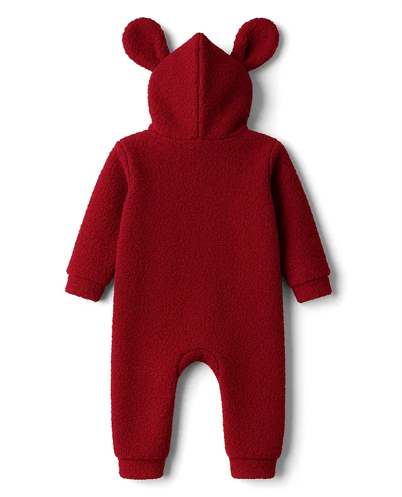 Kanvin Knit Full Sleeves Fur Winter Wear Romper With Ear Applique - Maroon - Image 2