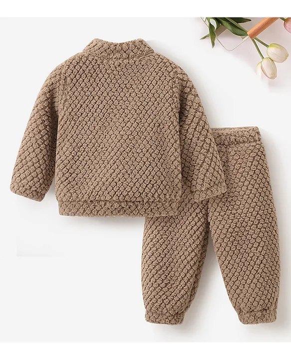 Mark & Mia Full Sleeves Winter Wear Fur Sweatjacket & Lounge Pant Set with Shark Patch Detailing - Light Brown - Image 2