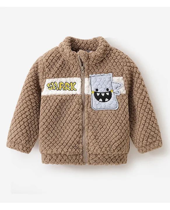 Mark & Mia Full Sleeves Winter Wear Fur Sweatjacket & Lounge Pant Set with Shark Patch Detailing - Light Brown - Image 3