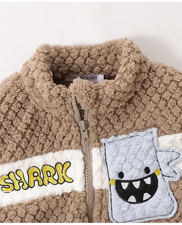 Mark & Mia Full Sleeves Winter Wear Fur Sweatjacket & Lounge Pant Set with Shark Patch Detailing - Light Brown - Image 5