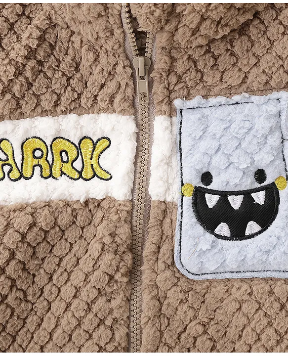 Mark & Mia Full Sleeves Winter Wear Fur Sweatjacket & Lounge Pant Set with Shark Patch Detailing - Light Brown - Image 7