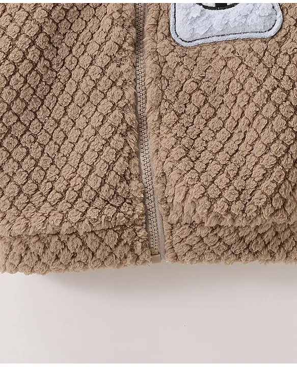 Mark & Mia Full Sleeves Winter Wear Fur Sweatjacket & Lounge Pant Set with Shark Patch Detailing - Light Brown - Image 8