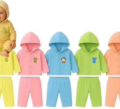 Newborn Unisex Cotton Dress Hoodie Cap with Pants| 0-3 Months Winter Outfit for Infant| Multicolour 5 Combo Pack Boy & Girl Baby Dress