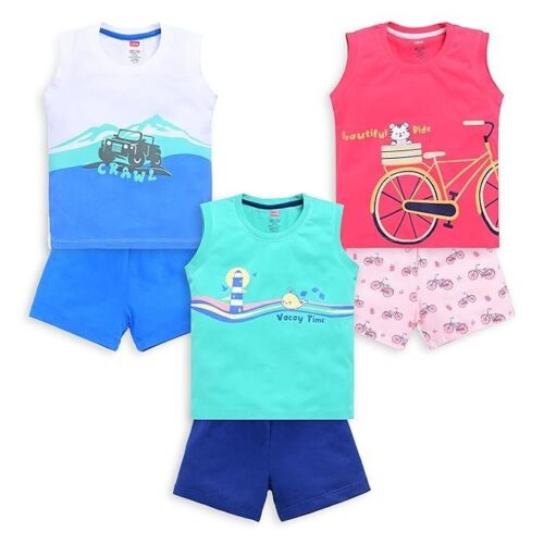 LuvLap Baby Boys Regular Fit 100% Cotton Sleeveless Boys T-Shirt & Shorts Sets Pack of 3